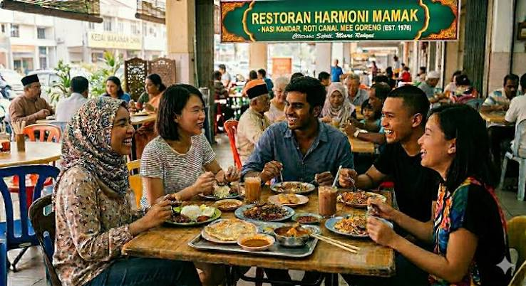 Family dining together at a Malaysian restaurant for elderly passenger and family meal planning